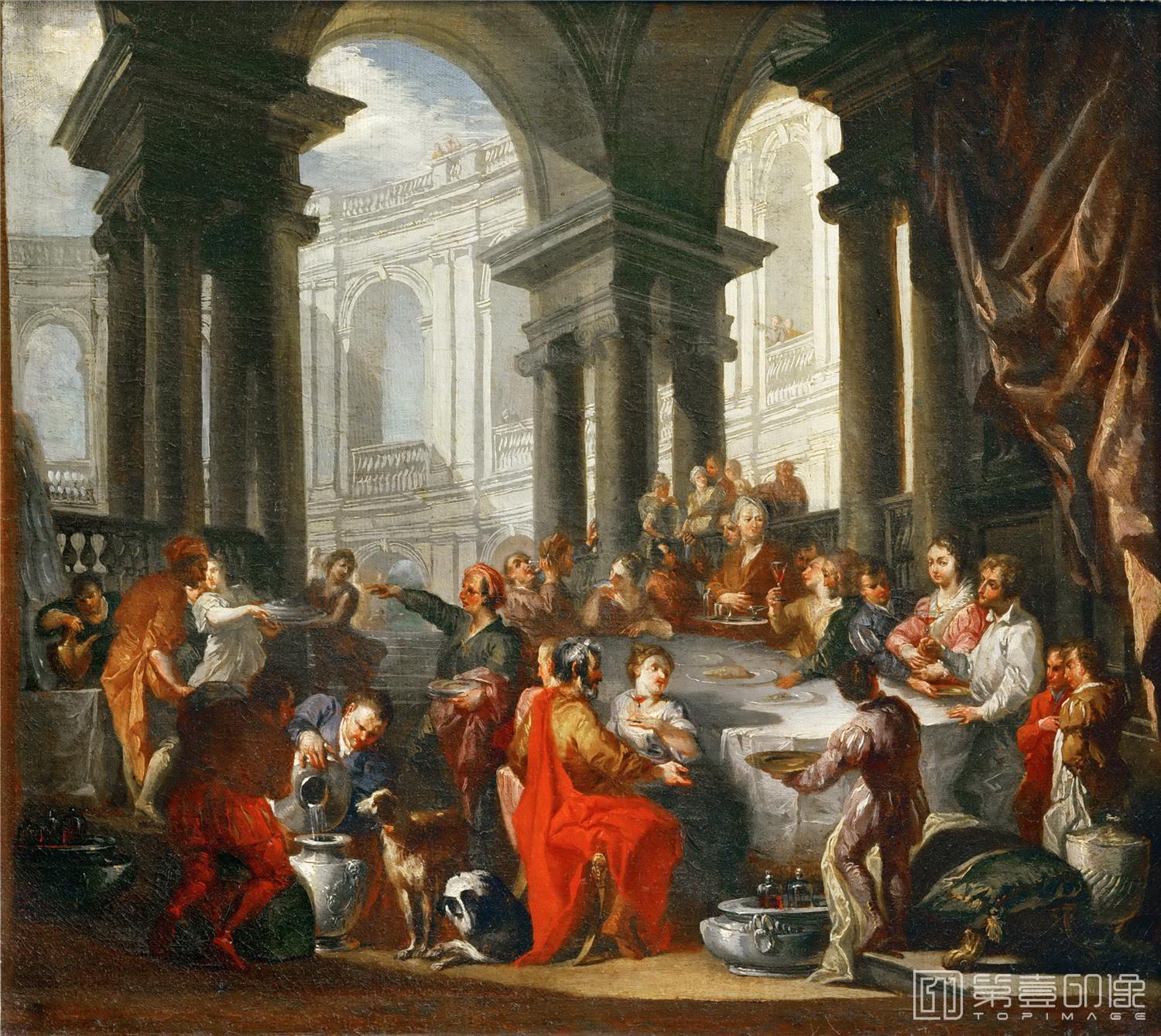 油画-卢浮宫-Giovanni Paolo PaniniFeast under an Ionic portico-0794